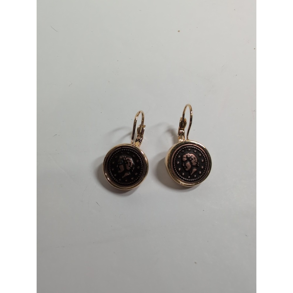 Vintage‎ Costume Fashion Jewlery Gold  tone   faux Roman Coin Earrings